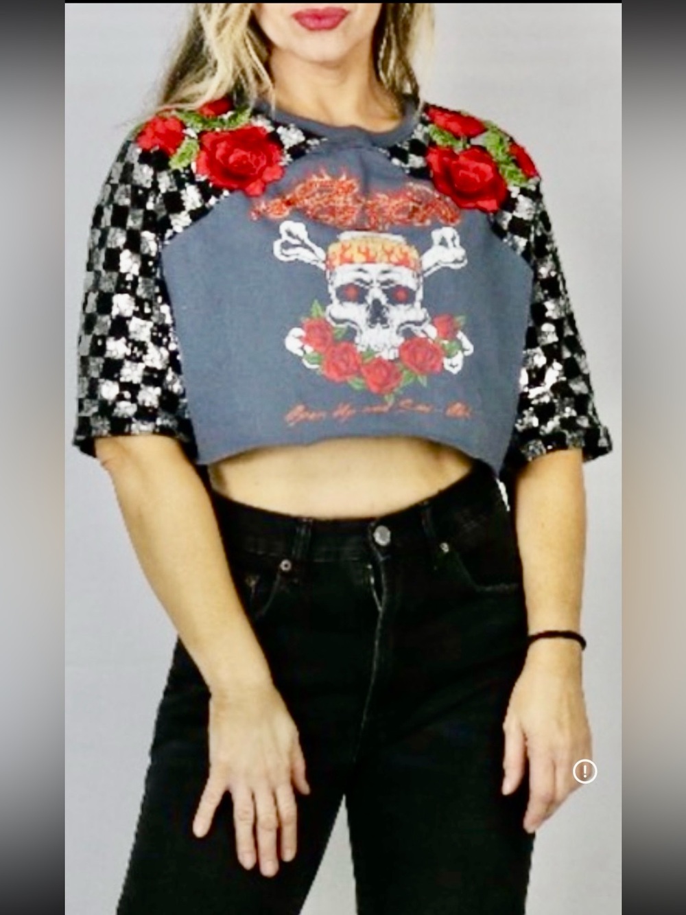 STUNNING Upscaled Poisson rock band Skull & Rose Cropped Graphic Tee -